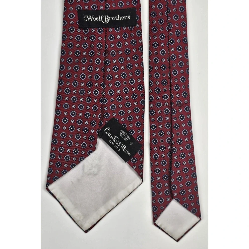 Vintage Woolf Brothers Countess Mara Tie Geometric Logo Red Black Blue Irregular